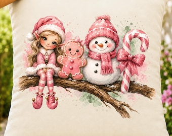 Pink Christmas PNG,  Pastel Snowman Elf Clipart, Holiday Sublimation DTF Design