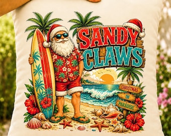 Tropical Santa PNG, Sandy Claws Christmas Sublimation, Surfing Santa Claus Design (DTF)