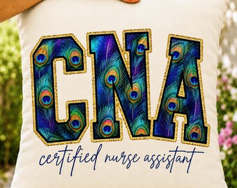 CNA Peacock Feather Design, Certified Nurse Assistant PNG, Glitter Varsity Graphic