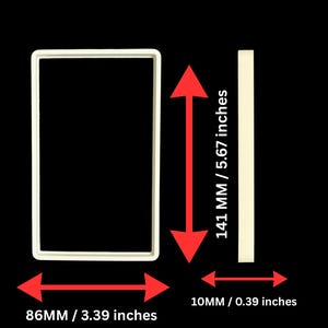 May include: A rectangular, off-white cookie cutter with dimensions of 3.39 inches wide, 5.67 inches tall, and 0.39 inches thick. The cutter is shown next to a side view, with measurements in inches and millimeters.
