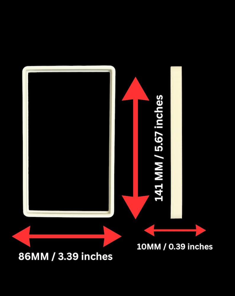 May include: A rectangular, off-white cookie cutter with dimensions of 3.39 inches wide, 5.67 inches tall, and 0.39 inches thick. The cutter is shown next to a side view, with measurements in inches and millimeters.