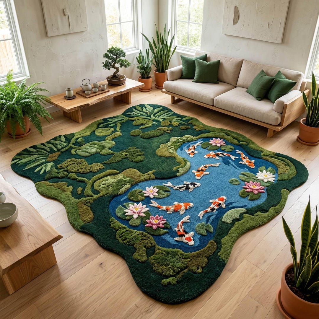 Pond Colors Rug 3D Koi Pond Area Rug — Irregular Moss and Water Carpet, Zen Garden ...