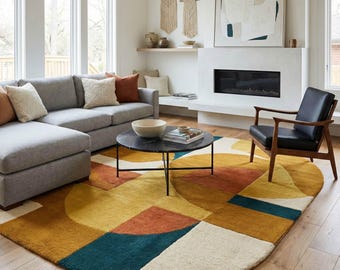 Geometric Abstract Rug • Hand Tufted Wool Carpet • Mustard & Teal Earthy Tones Decor • Modern Oval Area Rug • Mid Century Aesthetic Rug