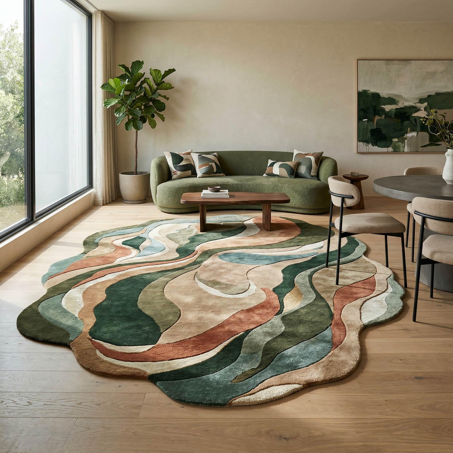 Abstract Wavy Earth Tone Wool Rug | Bedroom Carpet | Irregular Organic ...