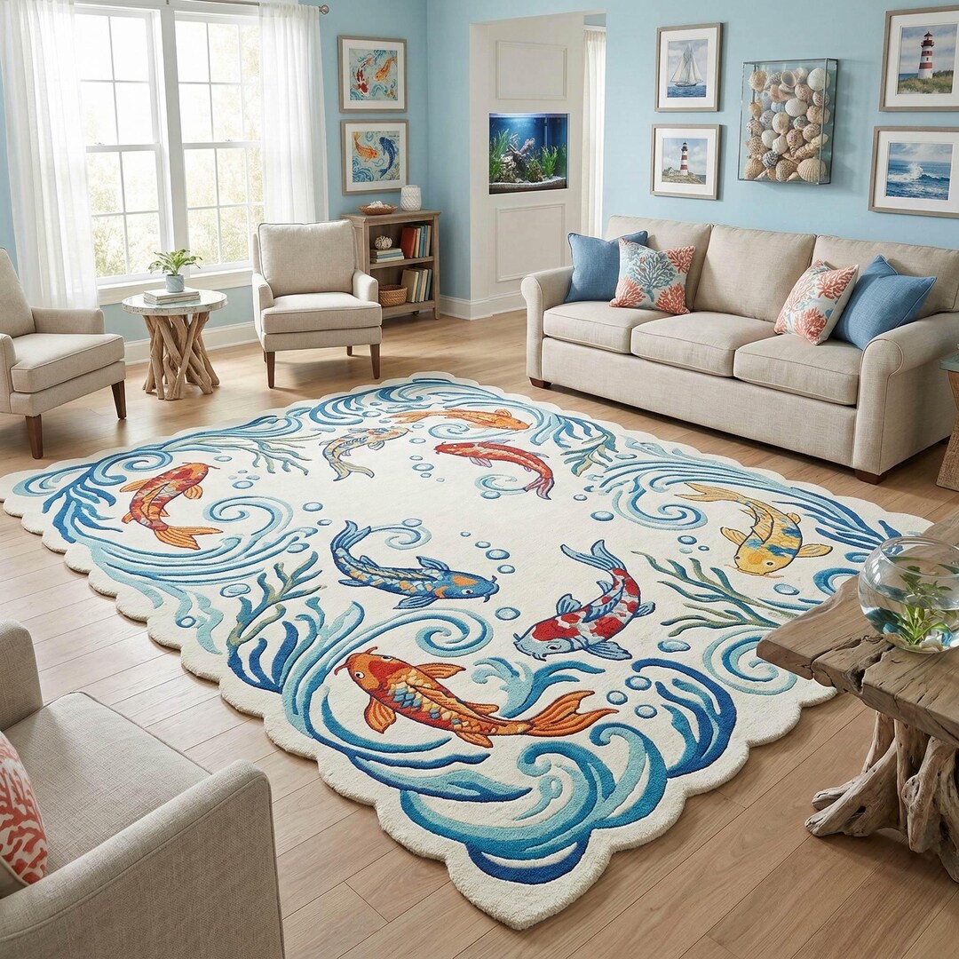 Koi Fish Area Rug — Swirling Ocean Waves Pattern, Coastal Zen Decor ...