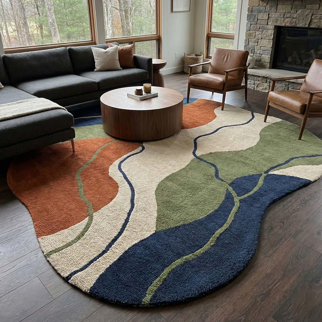 Organic Shape Abstract Rug • Hand Tufted Wool Carpet • Earthy Tones Mid ...