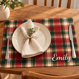 Personalized Tartan Plaid Christmas Placemat, Custom Name Holiday Table Setting