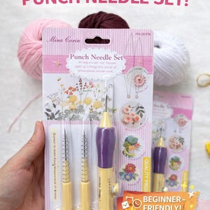 May include: A punch needle set by Mina Carin, with three needle sizes included. The packaging features the text "Best-Selling Punch Needle Set!" and "Beginner-Friendly!" The set includes a purple and yellow punch needle tool and is designed for dimensional needlework.