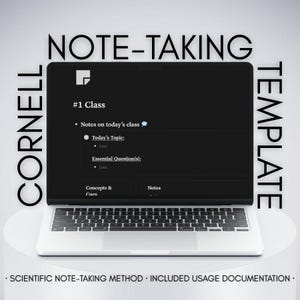 以下が含まれることがあります： 黒いコーネルノートテンプレートを表示するシルバーのラップトップ。画面には、ノート、トピック、重要な質問のセクションがある構造化されたレイアウトが表示されます。画面のテキストには「#1 Class」と「Notes on today's class」が含まれています。画像には「NOTE-TAKING TEMPLATE」というテキストも含まれています。
