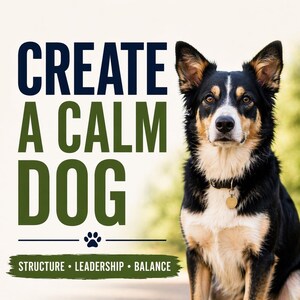 May include: A dog with black, tan, and white fur is the focal point of this image. The text "CREATE A CALM DOG" is displayed in navy and green. Below the text are the words "STRUCTURE • LEADERSHIP • BALANCE".