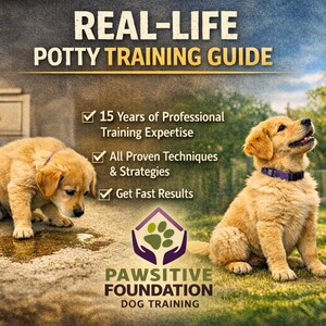 May include: An advertisement for dog potty training, featuring two golden retriever puppies. One puppy is sitting, the other is looking down. The image includes the text "Real-Life Potty Training Guide" and "Pawsitive Foundation Dog Training."
