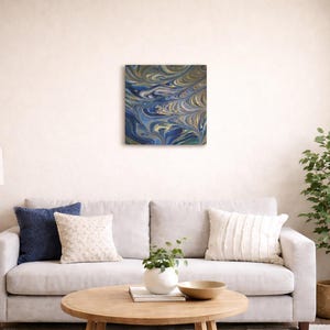 12x12 Blue Gold Fluid Art Painting | Abstract Acrylic Pour Canvas | Ocean Marble Decor