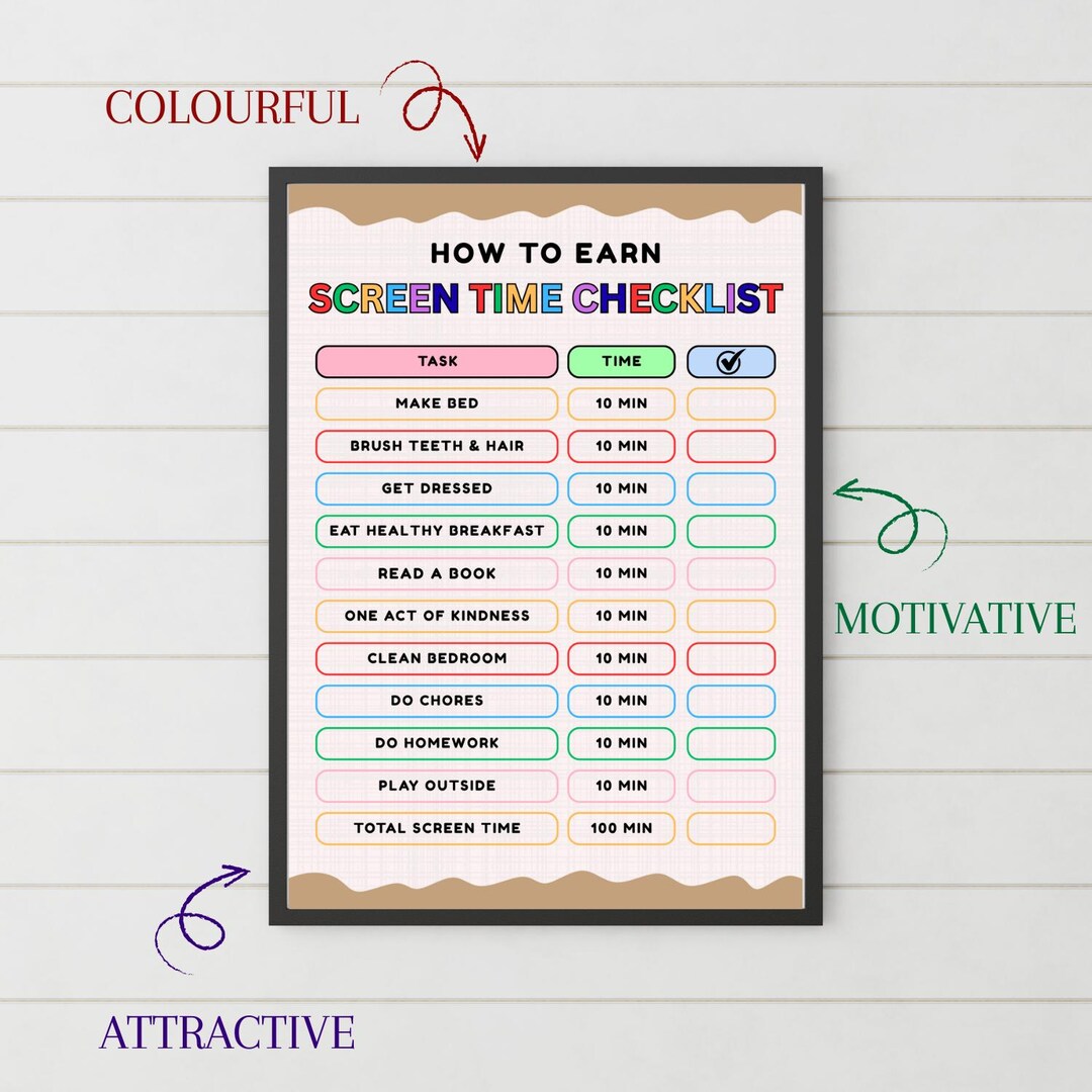 Screen Time Checklist for Kids | Earn Screen Time Chart | Printable ...