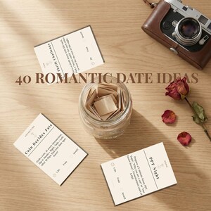 May include: A collection of 40 Romantic Date Ideas, including cards with activity suggestions, in a glass jar. The image also features a vintage camera, dried rose, and text that reads "Coin Decides Fate" and "PPT Night".