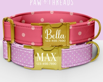 Collar de perro personalizado con estampado de lunares, bonito collar con lunares personalizable, correa a juego disponible PAW-137