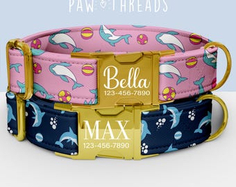 Collar personalizado con estampado de delfines, collar con temática oceánica personalizable, correa a juego disponible PAW-54