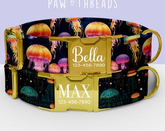 Collar personalizado con estampado de medusas para perro, con temática oceánica, personalizable, con correa a juego disponible PAW-55