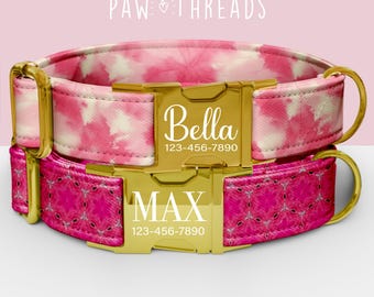 Collar personalizado para perro con estampado tie-dye rosa, collar bohemio personalizable, correa a juego disponible PAW-136