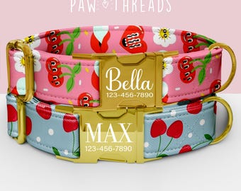 Collar personalizado con estampado de cerezas para perro, collar de frutas de verano personalizable, correa a juego disponible PAW-134