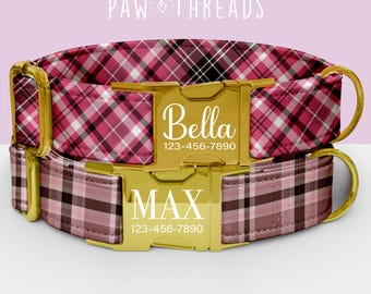 Collar personalizado para perro con estampado de tartán rosa, personalizable, con correa a juego disponible PAW-120