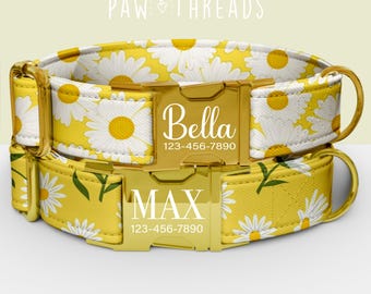 Collar para perro personalizado con margaritas amarillas, estampado floral personalizable, correa a juego disponible PAW-05