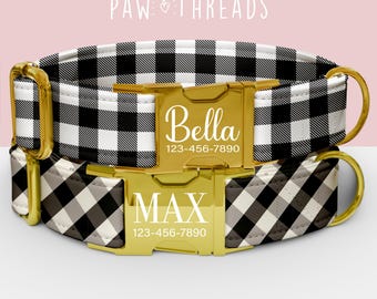 Collar de perro personalizado a cuadros blancos y negros, collar a cuadros escoceses personalizable, correa a juego disponible PAW-91