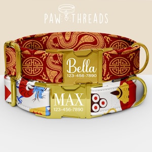 May include: Two personalized dog collars. The top collar has a red and gold dragon pattern with the name "Bella" and a phone number on the gold buckle. The bottom collar has a white and red pattern with the name "MAX" and a phone number on the gold buckle.