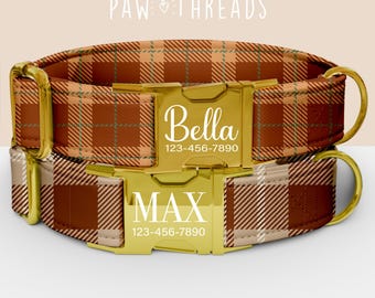Collar de perro personalizado a cuadros marrones, collar de tartán otoñal personalizable, correa a juego disponible PAW-47