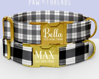 Collar personalizado para perro con estampado de cuadros, a cuadros blancos y negros, personalizable, con correa a juego disponible PAW-123