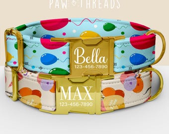Birthday Print Personalized Dog Collar, Balloons Collar with Customization, Matching Leash Available PAW-20