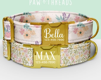 Collar para perro personalizado con estampado floral de primavera, collar de flores de jardín personalizable, correa a juego disponible PAW-83