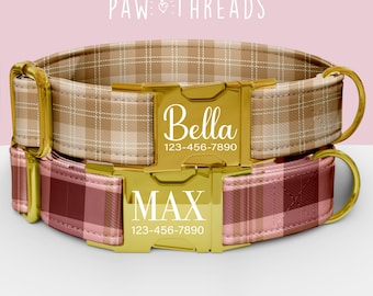 Collar de perro personalizado a cuadros neutros, marrón y rosa, personalizable, con correa a juego disponible. PAW-116