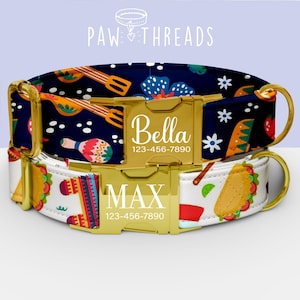 May include: Two personalized dog collars. The top collar has a navy blue background with musical instruments and floral patterns. The bottom collar has a white background with taco and food illustrations. Both have gold buckles with names and phone numbers.