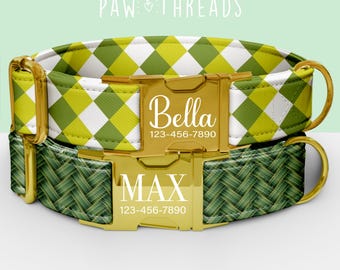 Collar personalizado para perro a cuadros verdes, collar con rombos personalizable, correa a juego disponible PAW-121