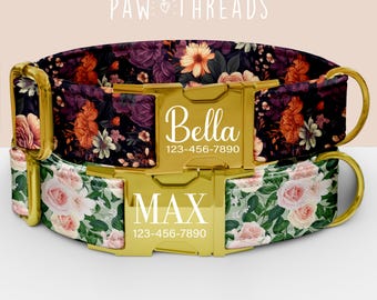 Collar para perro personalizado con diseño floral vintage, collar romántico de jardín personalizable, correa a juego disponible PAW-114
