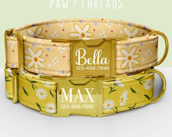 Collar para perro personalizado con margaritas amarillas, estampado floral personalizable, correa a juego disponible PAW-103