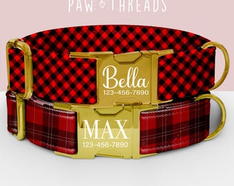 Collar para perro personalizado con estampado de búfalo rojo, personalizable, con correa a juego disponible PAW-119