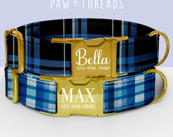 Collar para perro personalizado con estampado de cuadros escoceses azul marino, personalizable, con correa a juego disponible PAW-122
