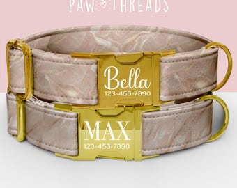 Collar personalizado para perro con diseño de mármol ruborizado, con diseño de piedra beige suave personalizable y correa a juego disponible PAW-140