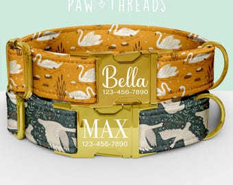 Collar personalizado con estampado de cisne, collar con temática de aves personalizable, correa a juego disponible PAW-61