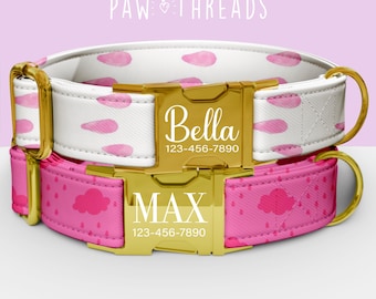 Collar para perro personalizado con estampado de gotas de lluvia rosa, collar de lluvia y nubes personalizable, correa a juego disponible PAW-37