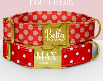 Collar de perro personalizado con lunares rojos, bonito collar con lunares personalizable, correa a juego disponible PAW-138