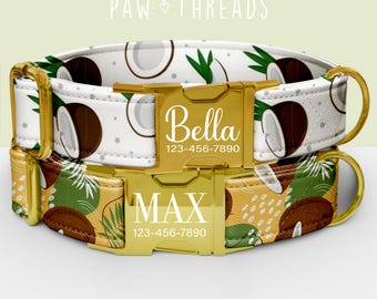Collar personalizado para perro con estampado de coco, collar de frutas tropicales personalizable, correa a juego disponible PAW-125