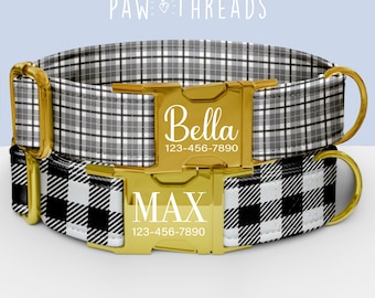 Collar para perro personalizado a cuadros grises y blancos, con estampado de tartán personalizable y correa a juego disponible. PAW-117