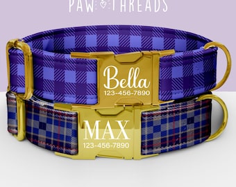 Collar de perro personalizado con estampado de cuadros escoceses moderno, personalizable, con correa a juego disponible PAW-118