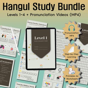 Korean Hangul Study Bundle (Levels 1–4) | Pronunciation Videos, Printable Worksheets, Vocabulary & Word Cards | Learn Korean for Beginners