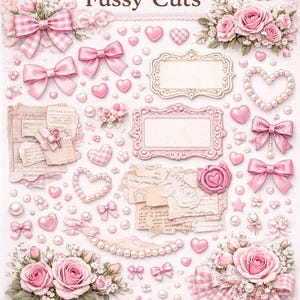 以下が含まれることがあります： 「Pink Coquette Fussy Cuts」と題されたデジタルコラージュシート。ピンクのリボン、ハート、バラ、装飾フレームが特徴です。真珠、レース、ヴィンテージの装飾品要素が含まれており、スクラップブッキングやクラフトプロジェクトに最適です。