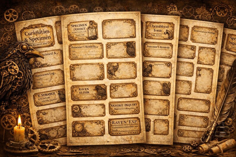 Steampunk Raven Junk Journal Labels Printable, Gothic Ephemera Labels ...
