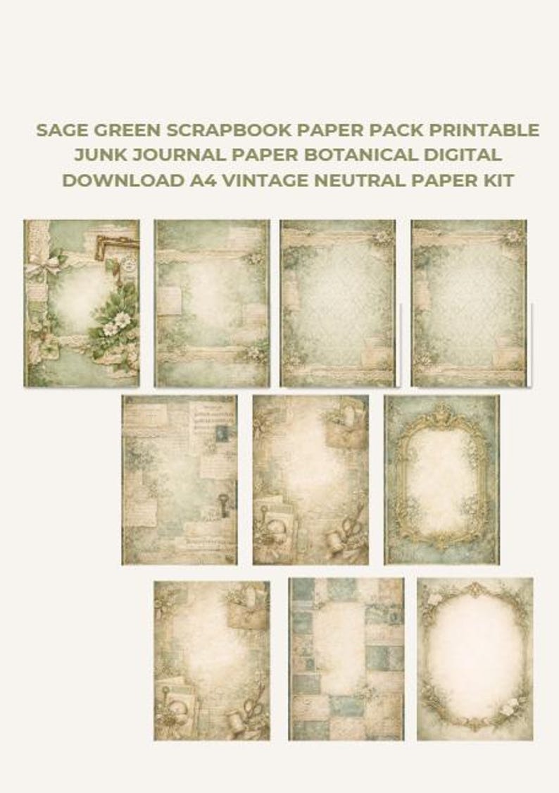 Sage Green Scrapbook Paper Pack Printable Junk Journal Paper Botanical ...
