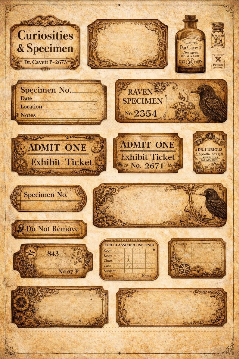 Steampunk Raven Junk Journal Labels Printable, Gothic Ephemera Labels ...